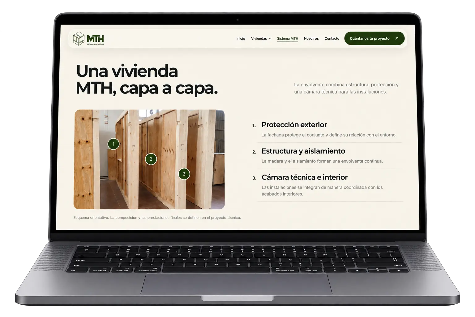 Página del sistema constructivo MTH presentada en un portátil
