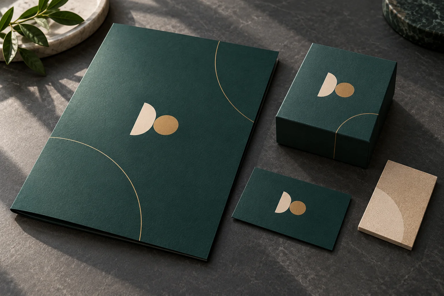 Aplicaciones de una identidad visual coherente en carpeta, tarjeta y embalaje con materiales cuidados.
